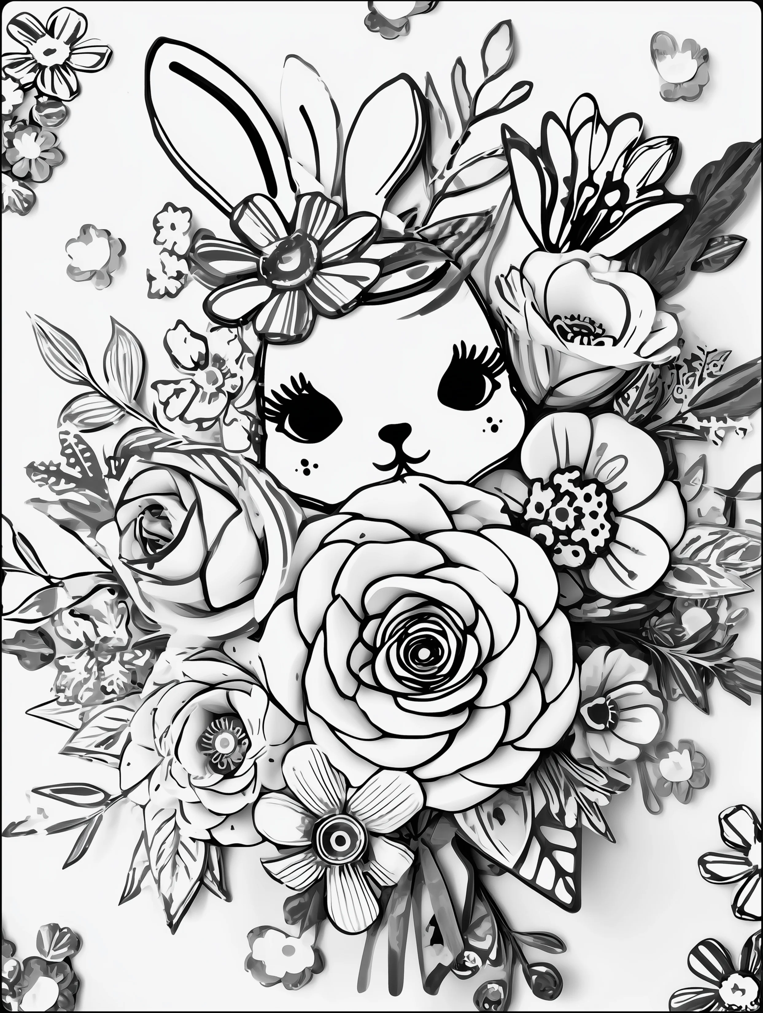 Free printable coloring page for your mom featuring a bunny holding a bouquet of flowers